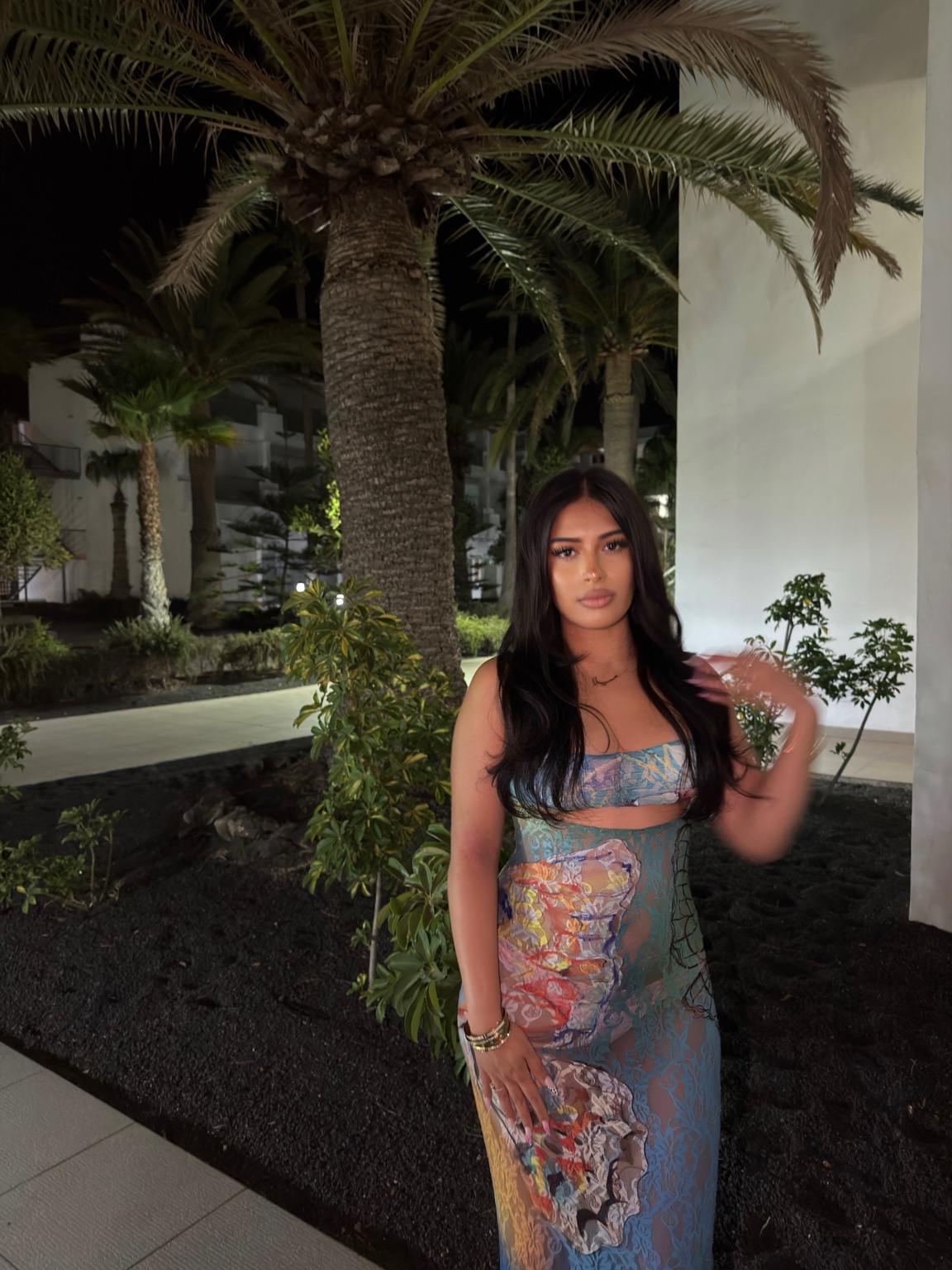 Mila in a colourful dress